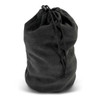 A black polar fleece drawstring bag with a cinched top and toggle closure. Includes a logo.