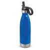 A drink bottle in vibrant blue with a stainless steel base and a black flip lid. It features a logo.