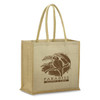 A natural jute tote bag in beige with a logo featuring a parrot and tropical design.