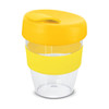 A drink bottle featuring a clear body with a yellow lid and yellow band, designed for convenience.