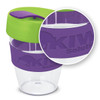 A drink bottle with a clear body, green lid, and purple silicone band. It features a logo on the side.