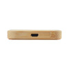 A bamboo wireless charger with a sleek, square design featuring a charging port on the side.