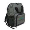 A grey backpack with a mesh pocket and handle, featuring a logo on the front.