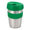 A drink bottle featuring a stainless steel body and a green silicone band and lid.