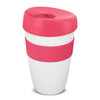 A drink bottle featuring a pink lid and band, with a white body, designed for beverage use. It has a logo.