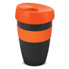 A drink bottle in black with orange accents, featuring a secure lid and a sleek design.