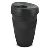 A drink bottle in black with a fitted lid and a textured grip. It features a logo on the side.