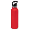 A drink bottle in bright red with a black lid and a stainless steel band. Features a logo on the bottle.