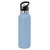 A drink bottle featuring a powder-coated light blue finish and a black flip-top lid.
