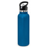 A drink bottle with a sleek, powder-coated blue finish, featuring a black plastic cap and a convenient handle.