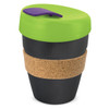 A drink bottle featuring a green lid, black body, and a cork band for grip. It has a logo on the surface.