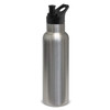 A drink bottle in stainless steel with a black spout and handle, featuring a logo on the side.