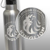 A drink bottle made of stainless steel, featuring a black lid, presented in a cylindrical brown cardboard packaging.