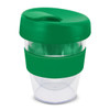 A drink bottle featuring a clear cup with a green lid and silicone band, designed for easy transport.