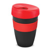 A drink bottle with a double wall design, featuring a black body and a red lid and band. It includes a logo.