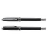 A sleek black metal rollerball pen with chrome accents, featuring a branded clip and a smooth finish.