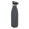 A drink bottle in dark grey with a push-button lid and stainless steel accents. Features a sleek, powder-coated finish.