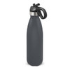 A drink bottle in dark grey with a flip lid and a black handle, featuring a metallic band.
