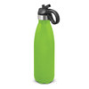A drink bottle in bright green with a black flip lid and handle, featuring a stainless steel band.