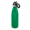 A drink bottle in a vibrant green finish with a flip lid and black handle, featuring a branding logo.