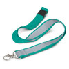 A teal and grey reflector lanyard with a clip and buckle attachment. It features a branded logo.