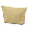 A beige cosmetic bag with a zip closure, featuring a textured fabric and a simple design. It has a branding logo.