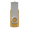 A bamboo and metal flash drive with a sleek design and a circular opening, featuring a branding logo.