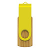 A bright yellow and bamboo flash drive with a loop for easy attachment.