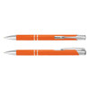 An orange metal pen with silver accents, featuring a sleek design and a clip for easy attachment.