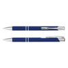 A blue metal pen with silver accents, featuring a logo and a sleek design. Two pens are displayed, one capped and one uncapped.