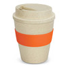 A drink bottle in a tan colour with a textured finish and an orange silicone band. It features a lid with a drinking slot.