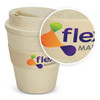 A drink bottle styled as a cup in natural hues, featuring a silicone band and a logo. Holds 350ml.