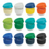 A drink bottle collection featuring twelve Nova Cups in various colours with silicone lids, showcasing their borosilicate glass material.