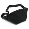 A black belt bag featuring a front zip pocket and an adjustable strap, with a logo visible on the fabric.