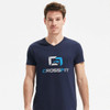 A navy blue men's V-neck T-shirt featuring a logo on the front. The shirt is made from comfortable fabric.