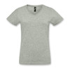 A light grey women's V-neck T-shirt featuring short sleeves and a label at the neckline.