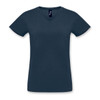 A navy blue women's V-neck T-shirt with short sleeves and a logo on the neck.
