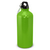 A drink bottle in bright green with a black cap and a keyring attachment.