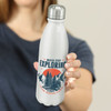A drink bottle with a sleek white design, a silver lid, and a nature-themed logo featuring mountains and trees.