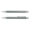 A metal pen in a soft green finish with silver accents and a clip, featuring a logo on the body. A metal pen in a soft green finish with silver accents and a clip, featuring a logo on the body.