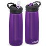 A drink bottle in purple with a black lid and straw, featuring a logo. Ideal for hydration on the go.