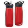 A drink bottle in red with a black lid and spout, featuring a logo on one side. Two bottles are shown.