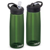 A drink bottle with a black lid and spout, featuring a dark green body and a logo on the front.