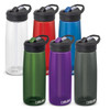 A drink bottle collection featuring clear, red, blue, green, purple, and dark grey options, each with a lid and logo.