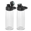 A drink bottle with a clear body and black lid, featuring a flip-top and straw opening, and a logo on the lid.