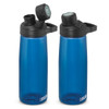 A drink bottle in a vibrant blue colour with a black lid and a logo. Features a spout and flip top for easy use.