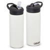 A drink bottle with a matte white finish and black lid, featuring a straw and a logo.