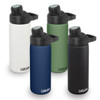 A drink bottle set featuring four colours: white, green, navy, and black. Each has a lid and a logo.
