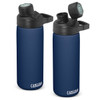A drink bottle in navy blue with a black lid and a logo. It features a vacuum-sealed design.