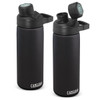 A drink bottle in matte black with a screw top and a flip lid, featuring a logo on the side.